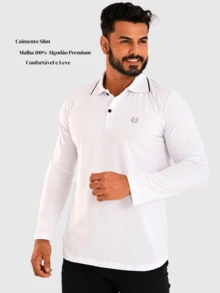 Men's Long Sleeve 100% Cotton Polo Shirt With Modern Design - 白色 - 查看 3