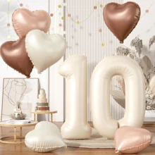 10 piezas de globos de color crema de 32 pulgadas con números 30/40/50/60, globos con forma de corazón beige marrón, apropiados para decoración de fiesta de cumpleaños 30/40/50/60, aniversario de boda