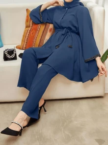 Elegant Middle East Dubai Style Solid Color Fleece Robe, Women Long Sleeve Kaftan, Cropped Pants Set With Belt And Scarf, Hijab