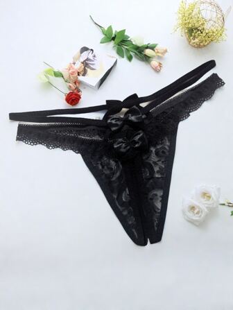 AB. 网络爆款蕾丝开裆丁字裤，时尚前后蝴蝶结透明性感开衩内裤，前双蝴蝶结镂空设计，精选高弹蕾丝拼接透视网纱，前双立体蝴蝶结后单蝴蝶结回声
