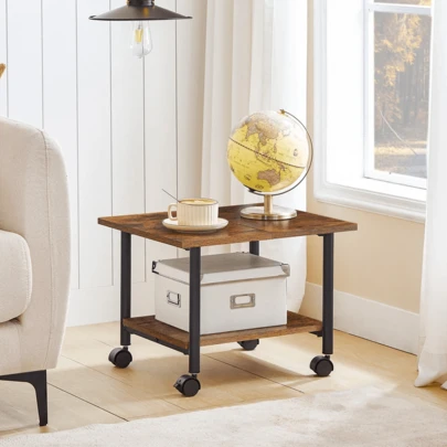 2-Tier Rolling Printer Stand – Mobile Under-Desk Organizer Cart, Rustic Brown, 48.5x40x36.5cm, Sturdy Particleboard & Metal, Easy Assembly With Allen Key