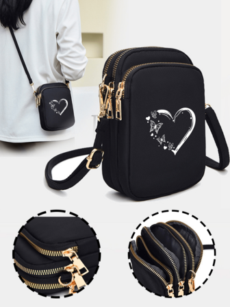 Fashionable Black Butterfly & Heart Print Crossbody Bag - Compact Oxford Cloth Multi-Pocket Shoulder Phone Pouch With Gold Zipper, Adjustable Strap, Coin Pocket And Earphone Jack - Ideal For Daily Commute And Casual Outings, Textured Fabric, Compact Crossbody Bag