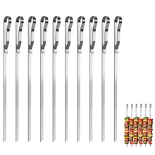 10 pièces Brochettes de barbecue, brochettes de barbecue longues en acier inoxydable, brochettes de barbecue shish kebab, brochettes de kebab plate en métal larges et réutilisables pour viande de poule, set de 10 avec sac de rangement