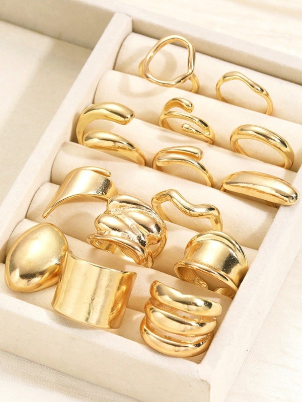 14pcs Yet Classic Dainty Vintage Asymmetrical Liquid Geometric Exaggerated Chunky Ring Multi-Piece Set For Holiday, Party, Date, Daily Wear