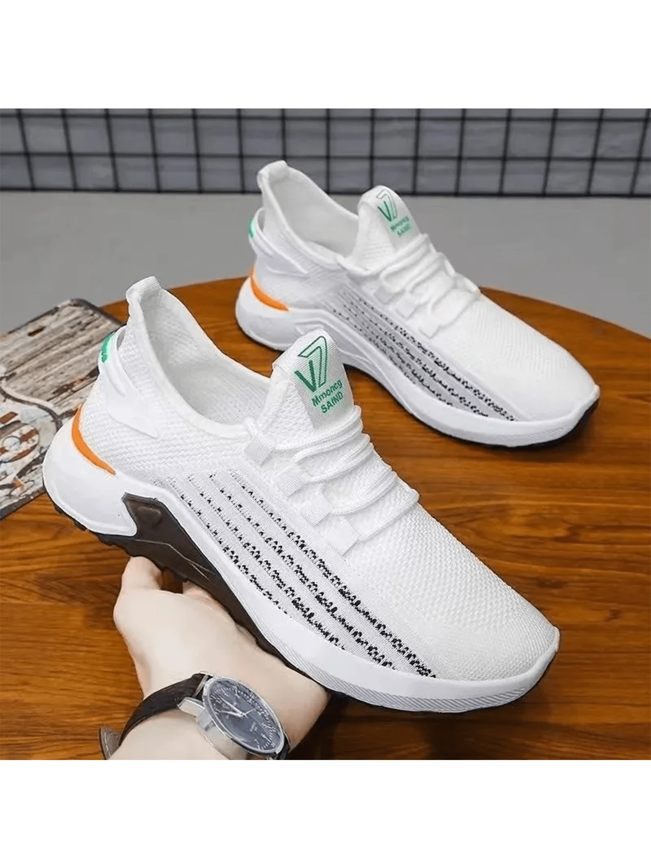 Zapatillas deportivas negras de malla tejida con cordones para hombre - Blanco - Ver 1