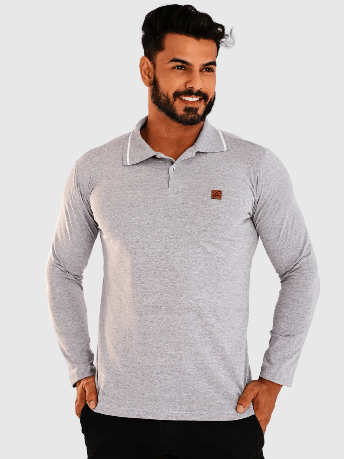 Men's Long Sleeve 100% Cotton Polo Shirt With Modern Design - Grey - View 1