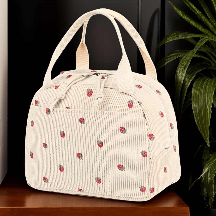 Bolsa de almuerzo aislada de pana unisex, con lindo estampado de fresa, de gran capacidad y reutilizable, adecuada para estudiantes de vuelta al colegio, trabajo, picnic y viajes - Lonchera cilíndrica lavable a mano