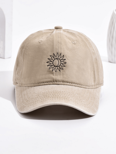 1pc Unisex Sun & Moon Embroidery Soft Top Washed Baseball Cap