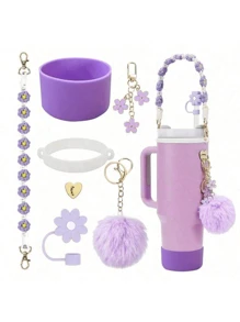 7 Peças Conjunto Branco Compatível com Cup 30 Oz 40 Oz, Incluindo 1 Peça Alça para Garrafa de Água, 1 Peça Tampa de Palha de Silicone, 1 Peça Capa de Silicone para Copo e 2 Peças de Acessórios com Pingentes, Suprimentos para Volta às Aulas