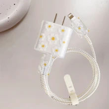 Bộ 5 ốp lưng điện thoại họa tiết hoa hoạt hình tối giản, bao gồm bảo vệ sạc và bộ sắp xếp dây cáp, tương thích với iPhone 14 Pro Max, 13/12/11, sạc nhanh 18/20W, món quà tuyệt vời dành cho bạn trai/bạn gái. - Hoa màu trắng - Xem 2