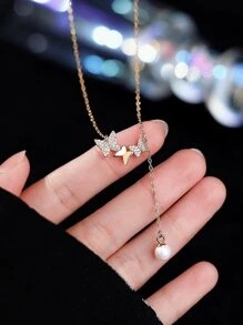 GAGAFEEL 1 pièce Collier avec pendentif en perle ronde, franges et papillon en argent sterling S925 avec zircone, chaîne ras-de-cou pour femmes, cadeau pour anniversaire