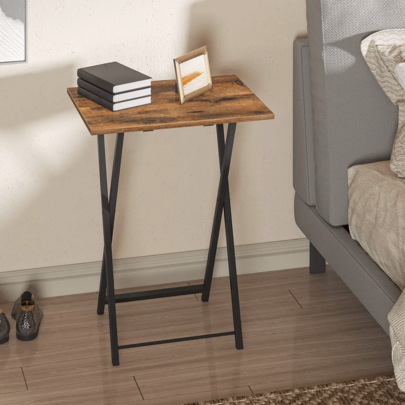 Folding Snack Table - Rustic Brown TV Tray Table, Portable Side Table For Sofa, Bed, Or Balcony, Space-Saving End Table With Sturdy Metal Frame, Easy Fold & Carry Design