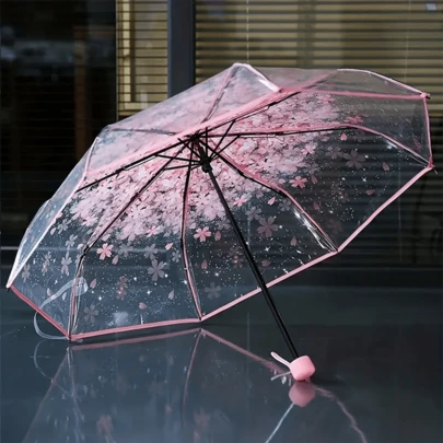 1PC Folding Umbrella, Convenient To Carry Cute And Fresh Umbrellas, Simple Forest Cherry Blossom Transparent Umbrella, Cute Cherry Blossom Pattern Transparent Umbrella, Folding Umbrella, Women's Manual Umbrella, Travel Umbrella Summer Cooling, Beach, Travel, Spring Summer Picks, Brides Maid Gifts, Room, Bedroom Decor, Bedroom Decor, Beach, Travel, For Men, For Women, Vacation,Cute Stuff,Mother's Day Gift,Bedroom Decor,Garden,Kitchen Decor,Summer,Beach,Travel Essentials,Room Decor,Squishy,Graduation