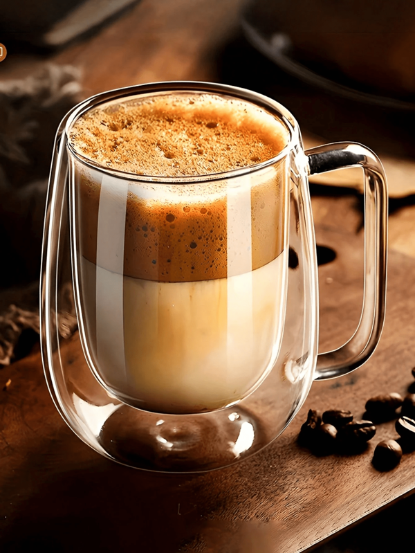 1 pieza Taza de café de vidrio de doble capa de 250ml, resistente a altas temperaturas, gruesa y antique-escaldado con asa recta, taza para latte, taza de leche aislada, taza de té/bebida transparente de alta calidad para el hogar, regalo ideal para fiestas