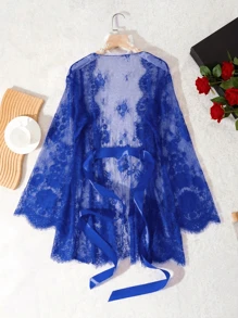 Camisón de encaje rojo sexy para el Día de San Valentín talla grande para mujeres, camisón largo y elegante de manga larga semi-transparente con cordones