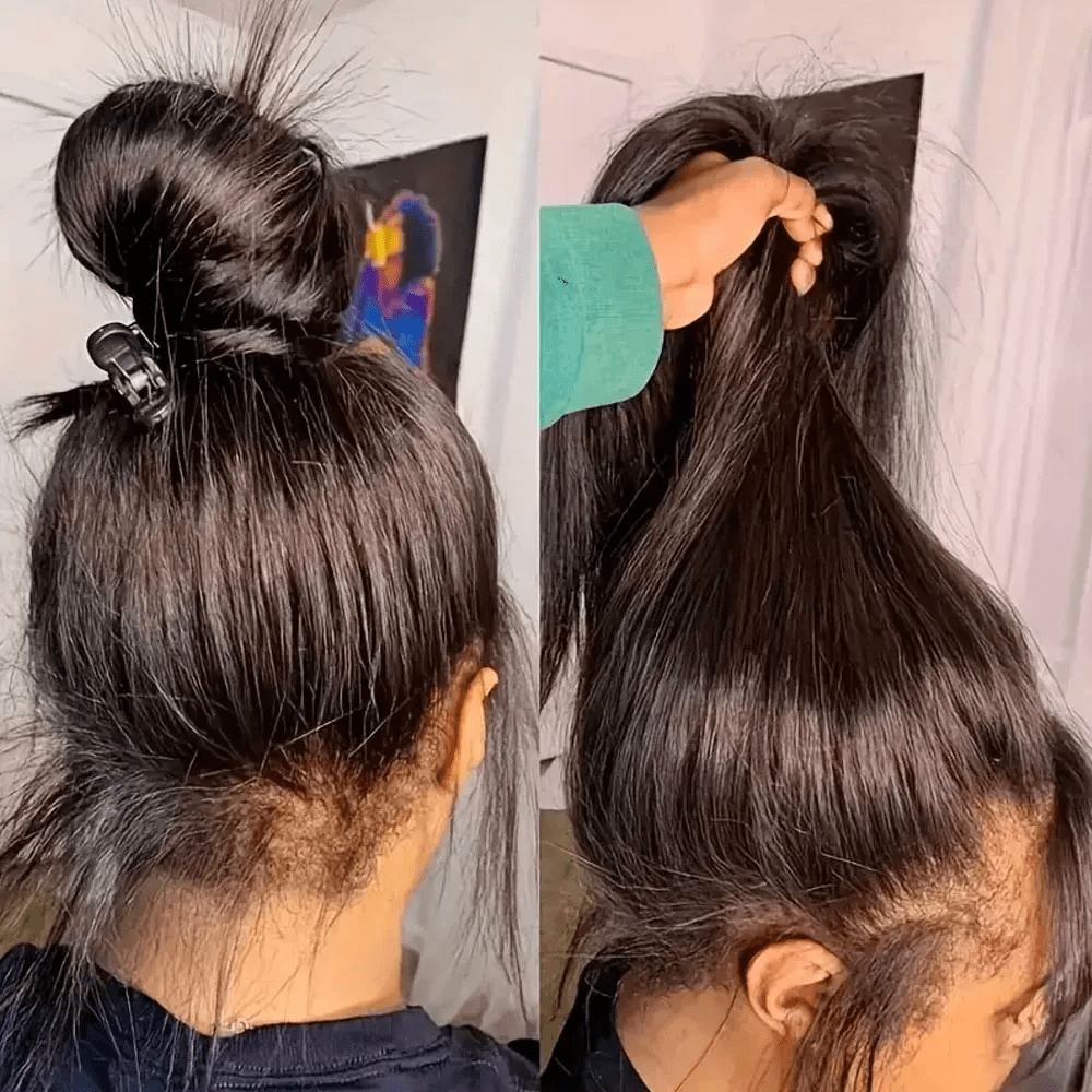 CEXXY Perruque frontale en dentelle 360 ​​°, cheveux humains, densité 180, vague profonde, sans colle, avec cheveux de bébé pré-épilés, couleur naturelle, queue de cheval, chignon