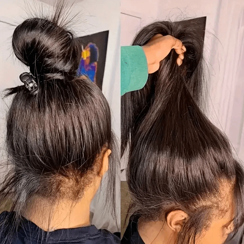 CEXXY 360 Lace Frontal Wig Human Hair 180 Density Deep Wave No Glue With Pre Plucked Baby Hair Natural Color Ponytail Bun Wig 360 Lace Frontal Wig Human Hair - Natural Black - 查看 1