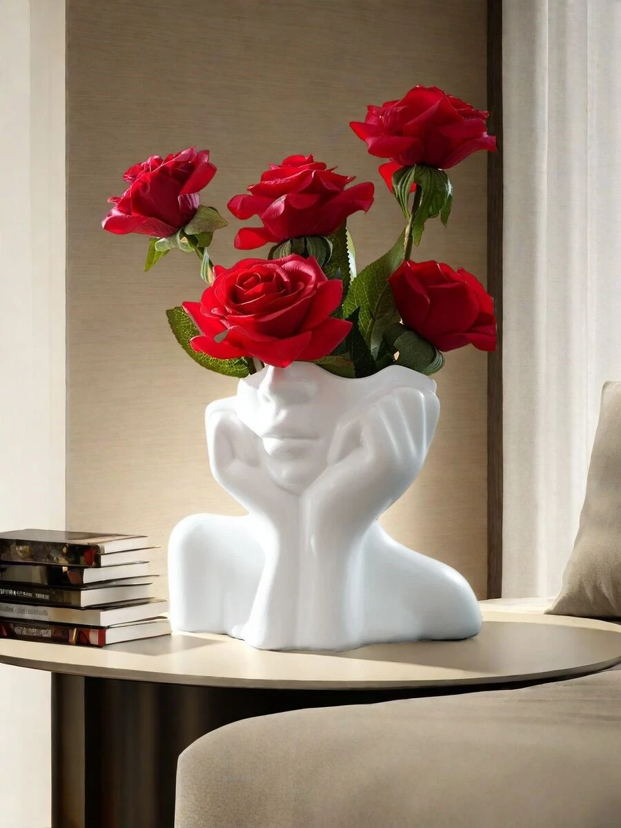 1pc White Ceramic Face Vase, Female Form Head Half Body Bust Vases Boho Minimalism Decorative Modern Nordic Style Flower Vase For Home Living Room Office Book Shelf Decor - Multicolor - View 1