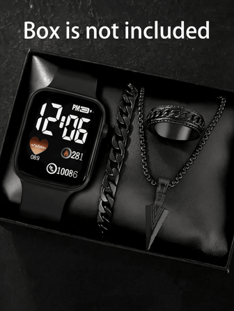 4 件男士礼品套装：1 件男士方形数字运动电子手表和 3 件箭头吊坠项链、手链和戒指，情人节/圣诞节/学校情人节毕业礼物/万圣节最佳礼物