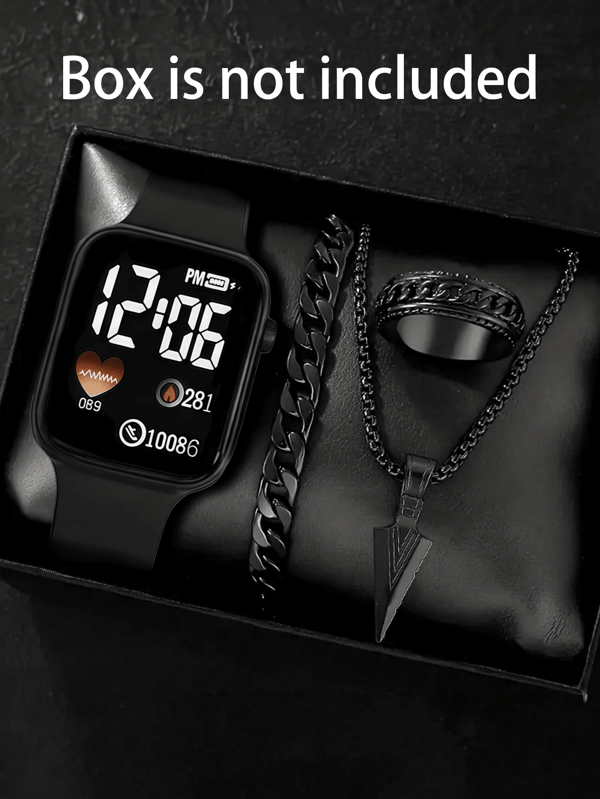 Juego de regalo de 4 piezas para hombres: 1 reloj digital deportivo cuadrado para hombres y 3 collares, pulsera y anillo con colgante de flecha, regalo para el Día de San Valentín, Navidad, Día de San Valentín escolar, graduación o mejor regalo de Halloween