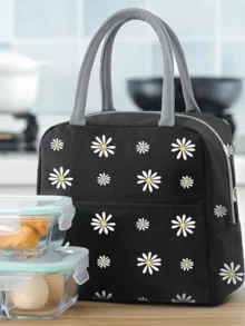 Daisy Pattern Lunch Bag, Portable Insulated Lunch Box Storage Bag For Outdoor Household Items - Black - View 3