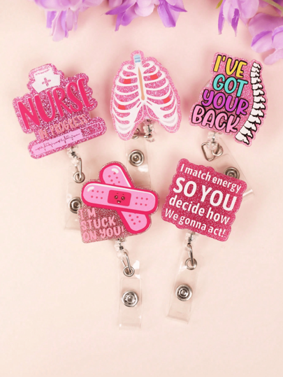 1PC Pink Glitter NURSE IN PROGRESS Acrylic Retractable Badge Reel With Clip ID Badge Holder Badge Reel Gift For RN LPN CNA Nurse Doctor Assistant Medical Staff,School Supplies,Back To School