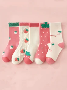 5 Pairs/Set Girls Kids Heart, Flower, Rabbit, Strawberry Cartoon Style Soft Polyester Knit Mid-Calf Long Socks - Multicolor - View 4