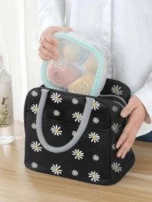 Daisy Pattern Lunch Bag, Portable Insulated Lunch Box Storage Bag For Outdoor Household Items - Black - View 7