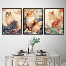 1pc/3PCS Wall Arts Posters: Divine Beasts, Cats, Cat Enthusiasts, Cute Suitable For Residential And Dormitory Walls, Living Room And Bar Decoration, Dining Room Or Bathroom, Room Decoration, High Quality Without Frame, Canvas Art For Indoor/Outdoor Use, Frameless/Framed ,Wall Art With Frame
