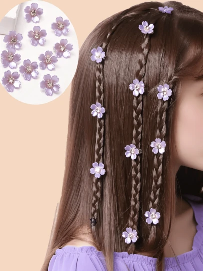 10pcs Girls Blue Rhinestone Flower Headbands & White Flower Hair Clips, Suitable For Daily Life, Party, Wedding, Flower Girl Or Vacation