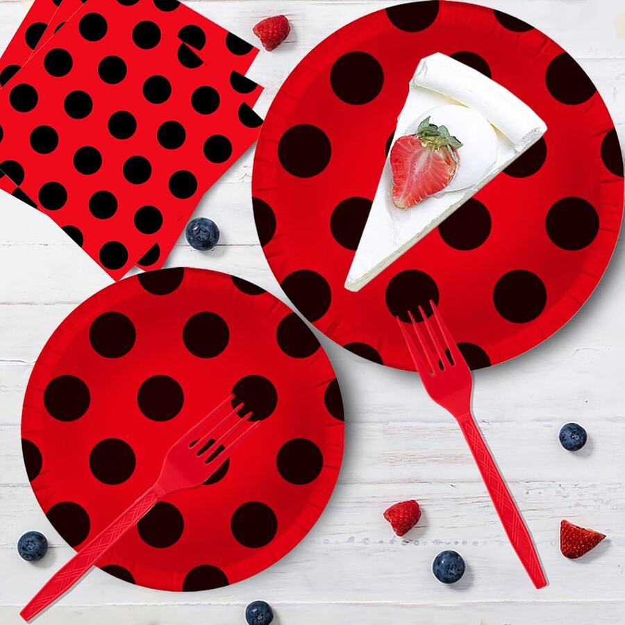 10/20pcs Red & Black Polka Dot Ladybug Themed Party Supplies Set, Includes 7"/9" Red Base Black Polka Dot Ladybug Plates, Napkins, Suitable For Birthday Party, Family Gathering, Picnic