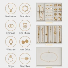 女士珠宝盒，玻璃盖珠宝收纳盒，带 3 个抽屉，可收纳项链、戒指、耳环、手镯等圣诞礼物