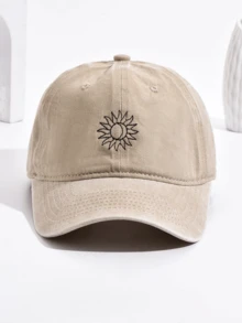 1 pieza Gorra de béisbol unisex lavada con bordado de sol y luna, suave - Caqui - Ver 5
