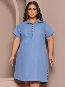 Taue Jeans Women's Plus Size Denim Chemise Dress Short Sleeve Midi Casual Without Lycra Fashion Larger - 輕便牛仔褲 - 查看 1