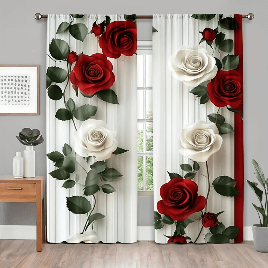 2 elegante gordijnen met rozenpatroon - semi-transparant, eenvoudig op te hangen roedezakontwerp, levendige rode en witte rozen op een lichte achtergrond voor een dromerige sfeer in de slaapkamer, woonkamer, eetkamer, balkon (roede niet inbegrepen), gordijnen voor de woonkamer
