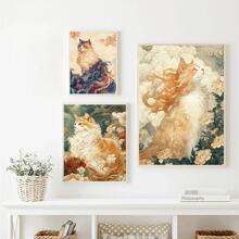 1pc/3PCS Wall Arts Posters: Divine Beasts, Cats, Cat Enthusiasts, Cute Suitable For Residential And Dormitory Walls, Living Room And Bar Decoration, Dining Room Or Bathroom, Room Decoration, High Quality Without Frame, Canvas Art For Indoor/Outdoor Use, Frameless/Framed ,Wall Art With Frame