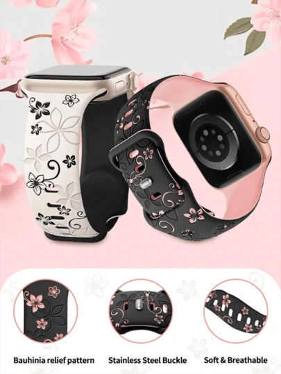 2 piezas Bandas de reloj de silicona talladas, disponibles en tallas 41mm, 40mm, 44mm, 45mm, 42mm, 38mm, 49mm, 46mm, adecuadas para mujeres, bandas de reloj con flores lindas, correa de reloj deportivo de silicona suave, viene con caja de almacenamiento de reloj, compatible con Apple Watch Series SE, 9, 8, 7, 6, 5, 4, 3, 2, 1, Ultra, correa de reloj con elemento de mariposa de moda