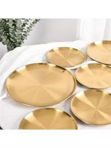 1 pièce Plateau de dessert et de café en acier inoxydable doré, assiette pour nourriture occidentale, assiette à pizza, assiette de service, convient pour les aliments, le café, le petit-déjeuner, le thé. Plateau alimentaire de couleur dorée. Plateau de décoration pour anniversaire, mois de la fierté, Thanksgiving, Halloween, Pâques, fournitures de fête de Noël (doré)