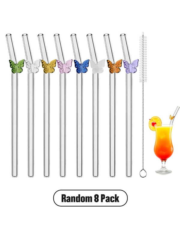 9 عبوات من القش الزجاجي القابل لإعادة الاستخدام - قش شرب بتصميم فراشة ملونة (طول 8 بوصة ، قطر 8 مم) مع فرشاة تنظيف مجانية لمشروبات الفواكه والحليب والقهوة المثلجة والمشروبات الكوكتيل والحفلات - مجموعة قش ممتازة صديقة للغسالة الآلية ، لوازم مدرسية