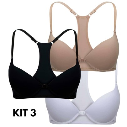 Kit 3 Sutiã Nadador Fecho Frontal Com Bojo e Alças Reguláveis Regata