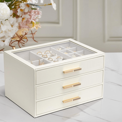 Caja para joyas para mujeres, organizador de joyas con tapa de vidrio y 3 cajones para collares, anillos, aretes y pulseras, regalo de Navidad