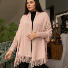 Plus Size Blouse Poncho Kimono Knit Cape Autumn Winter Fringe - 玫瑰 - 查看 2