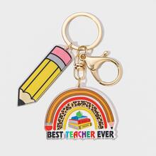 新款可爱钥匙扣 DIY 手工制作“TEACHER”字母彩虹亚克力彩色流苏钥匙扣，1 个苹果/笔/书本木质钥匙扣，毕业派对/教师礼物，创意手机/汽车配件包饰配件