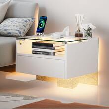 White Nightstand With LED Light & Charging Station – Modern End Table With Drawer For Bedroom, Living Room & Entryway - View 6