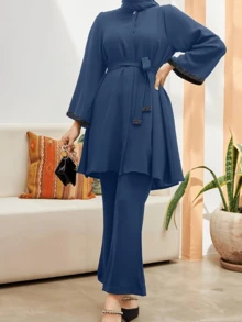 Elegant Middle East Dubai Style Solid Color Fleece Robe, Women Long Sleeve Kaftan, Cropped Pants Set With Belt And Scarf, Hijab