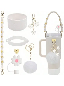 7 Peças Conjunto Branco Compatível com Cup 30 Oz 40 Oz, Incluindo 1 Peça Alça para Garrafa de Água, 1 Peça Tampa de Palha de Silicone, 1 Peça Capa de Silicone para Copo e 2 Peças de Acessórios com Pingentes, Suprimentos para Volta às Aulas