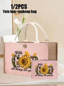 Sunflower 'god' Pattern Handbag With Makeup Bag, Women's Portable Zipper Wallet, Fashionable Travel Toilet Bag, Lunch Box Bag, Book Bag, School Travel Beach Women's Day Multi Functional Bag, Versatile Portable Tote Bag For Teacher - Pink - View 1