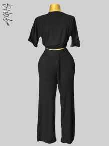 Camiseta de cuello redondo y mangas estilo murciélago y pantalones con cordón en la cintura, ideal para otoño - verano- invierno, comodo, tiro alto, bonito, comodo, casual, informal, oficina, calle, regalo,