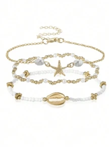 3pcs/Set Summer Beach Style Metal Starfish & Shell Beaded Glass Anklet Set For Women - Gold - View 3