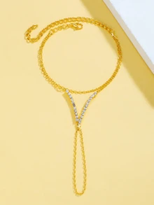 1pc Gold Color Fashionable Minimalist V-Shape Full Rhinestone Bracelet - Gold - View 2